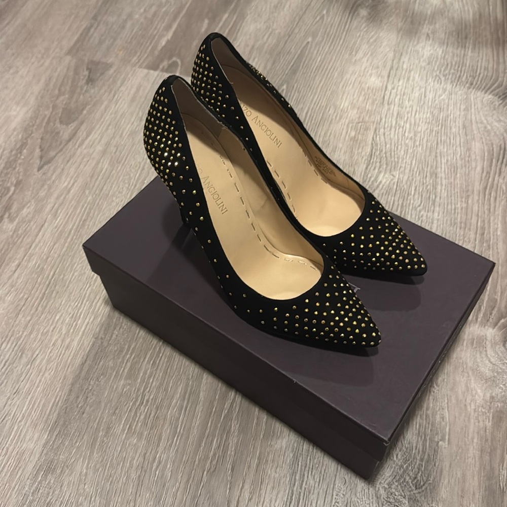 Size 7 Enzo Angiolini black suede gold rinestone 4” heel